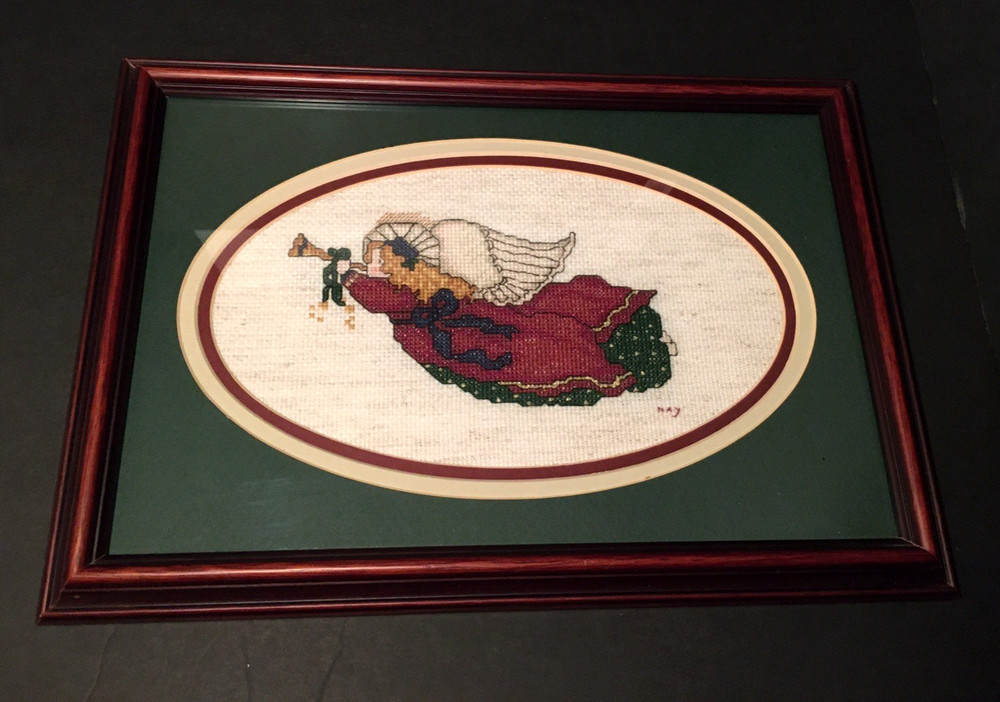 Angel Cross Stitch Matted & Framed Finished Complete Wood Frame