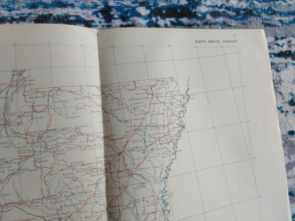 WWII 1942 Eighth Service Command Engineer Map TX LA AR