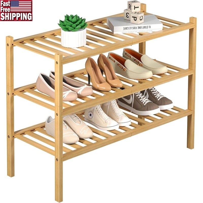 Stackable Bamboo Shoe Rack 3 Tier Entryway Organizer Durable Storage Shelf New