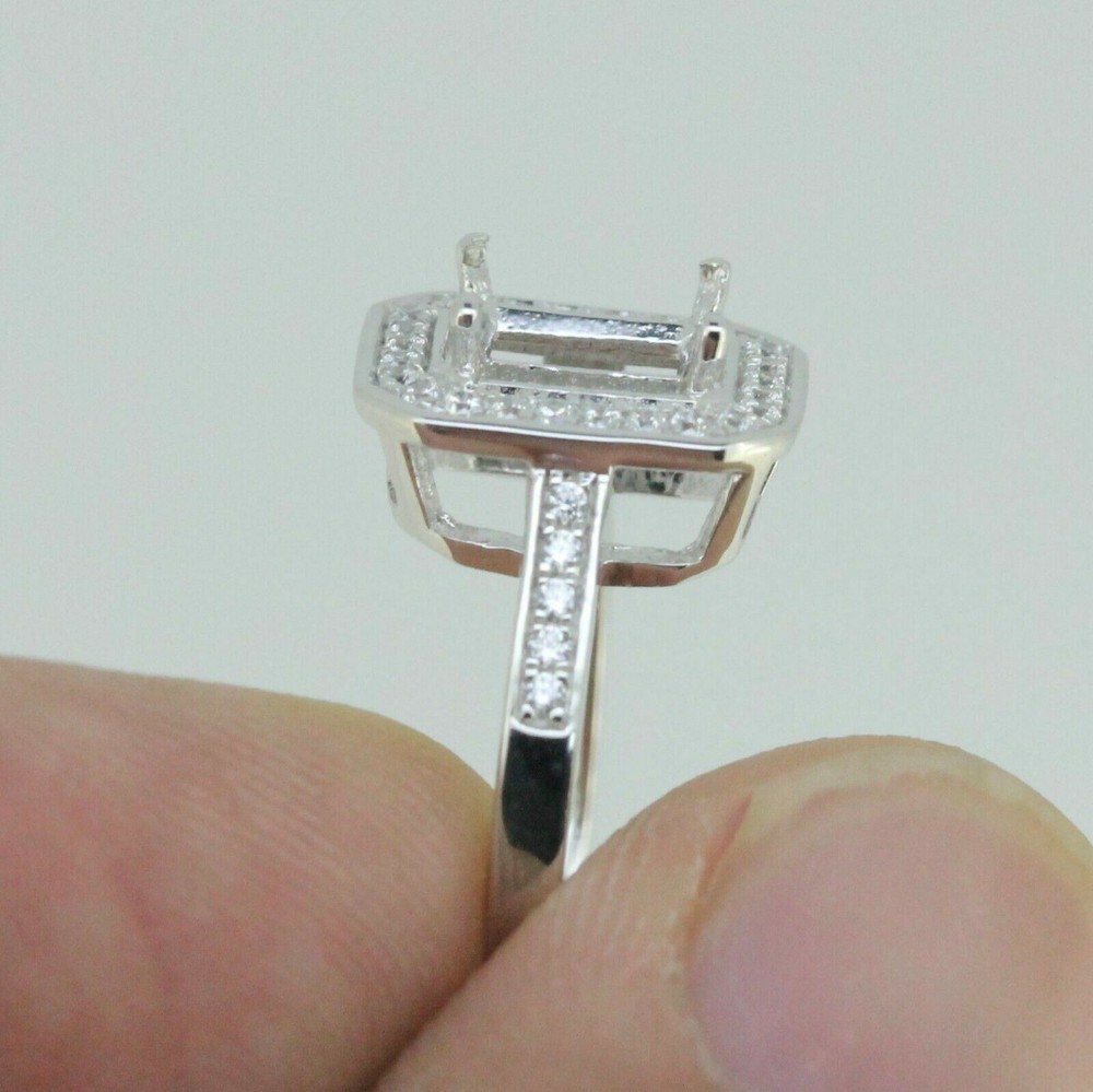 Sterling Silver Semi Mount Ring Setting Emerald OCT 7x5mm Halo