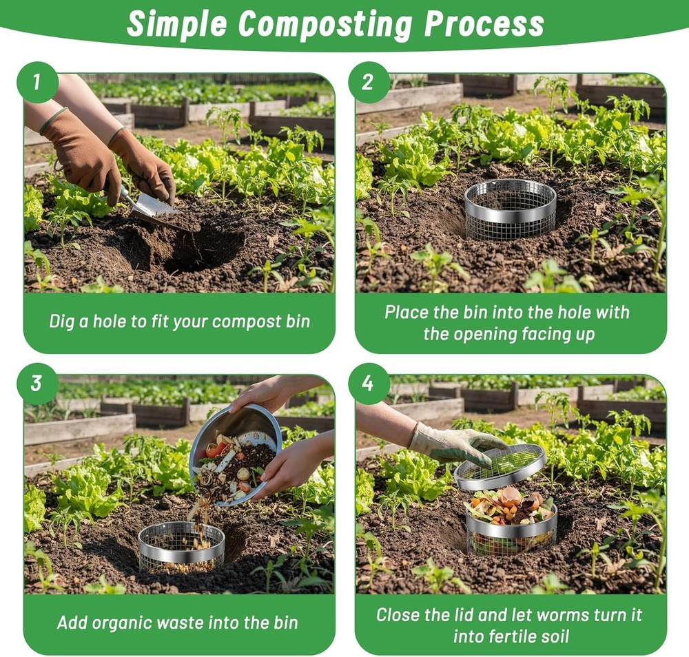 2 Pack Inground Worm Composting Bin, Metal Compost Bin for Recycling Kitchen Foo