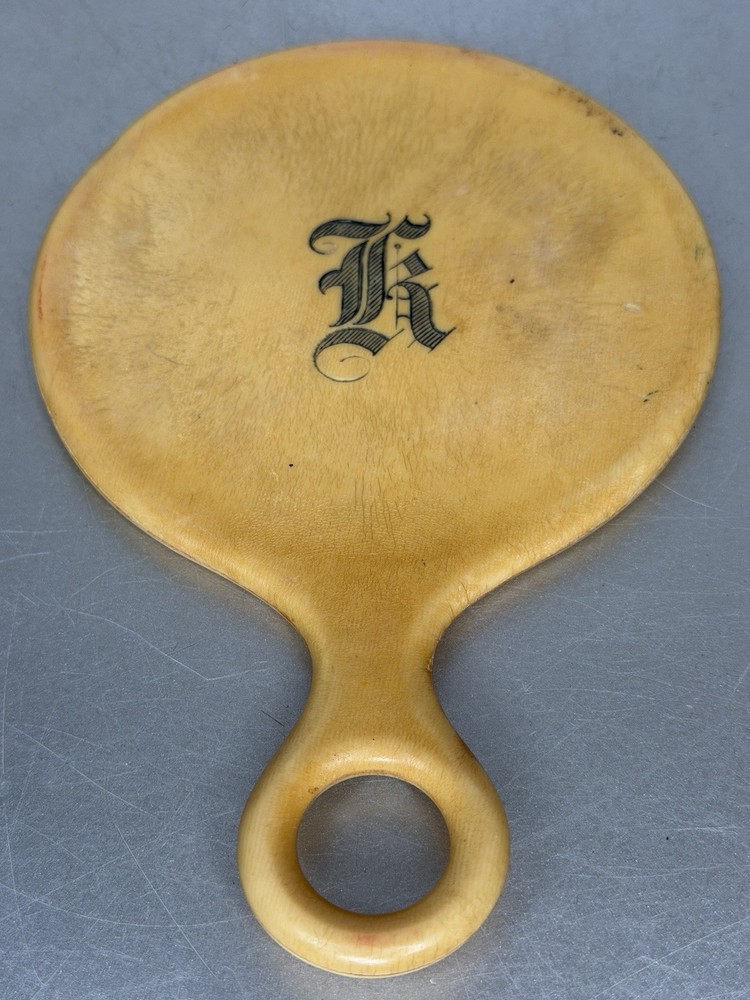 Vintage Small Round Celluloid Hand Mirror Compact Vanity Marked ‘K’