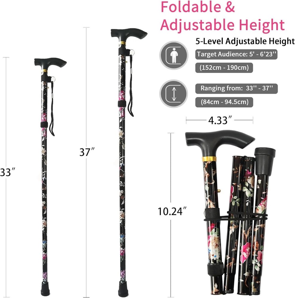 Folding Cane, 5-level Adjustable Height Lightweight Portable Foldable Walking Ca