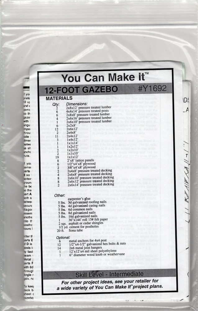 "12' Gazebo" Craft Patterns You Can Make It Plan # Y1692 UNCUT