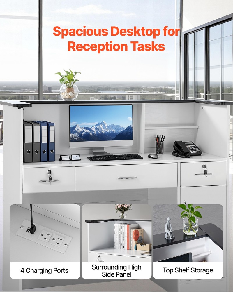 VEVOR Reception Desk 50 inch Rectangular Front Counter Table with LED & Drawers