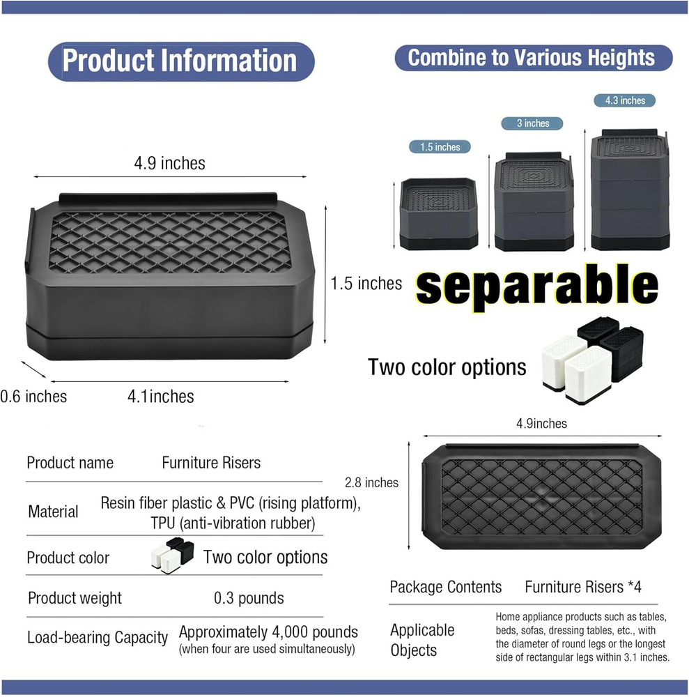 Rectangle Bed Risers Furniture Risers Heavy-Duty Rectangular Adjustable Block Li