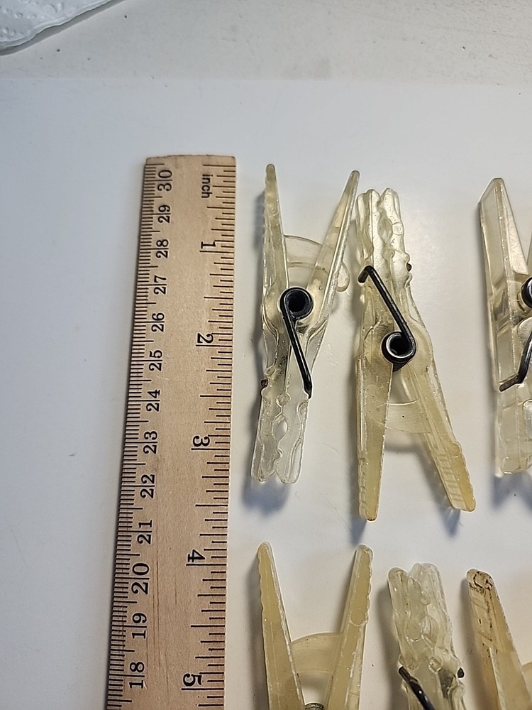13 Vintage Clear Plastic Clothes Pins Lot Sturdy Spring -ee
