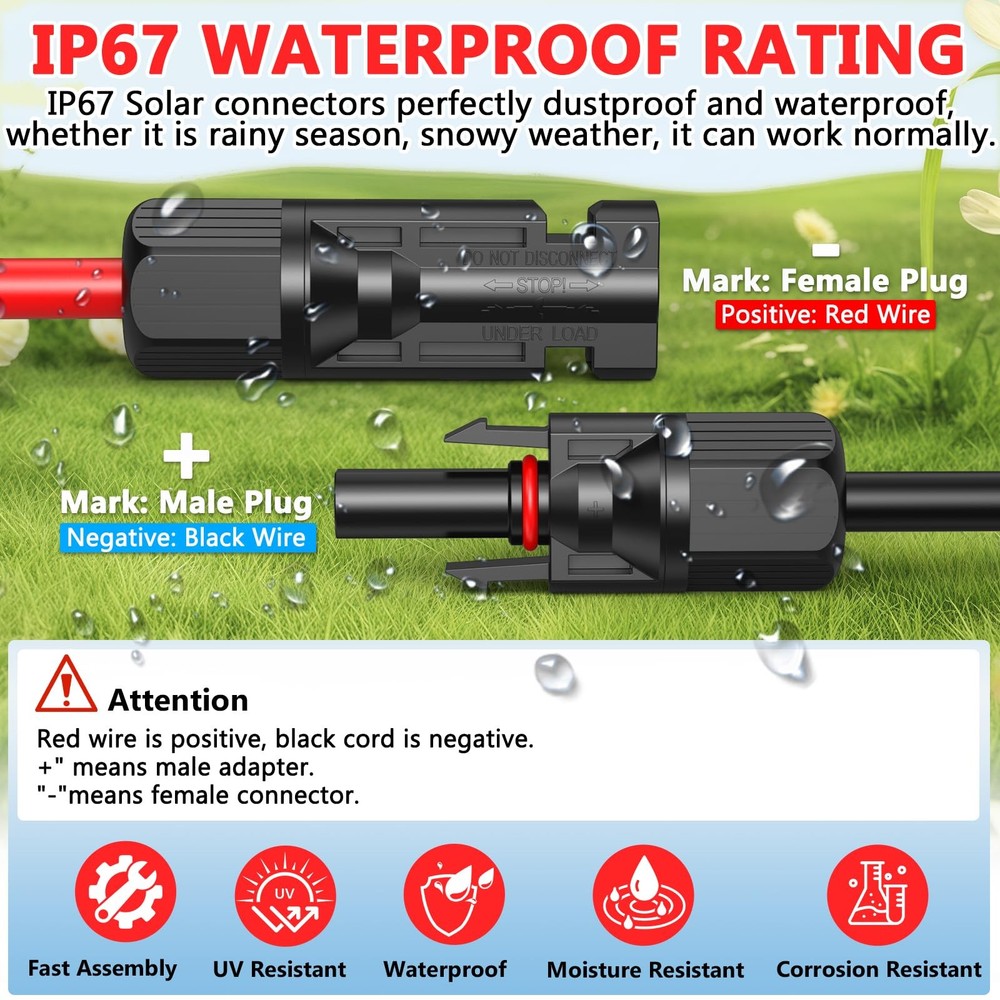 2x50 Feet Solar Panel Extension Cable- 10AWG Solar Cable Solar Panel Cable wi...