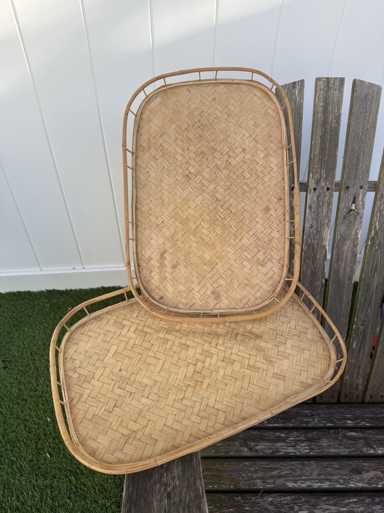 2 BAMBOO WICKER RATTAN RECTANGULAR SERVING LAP TRAYS