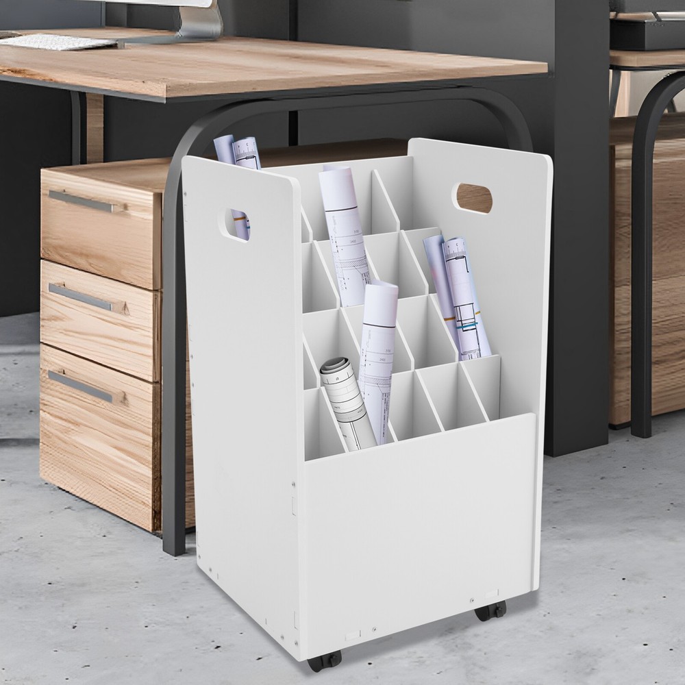 Blueprint Holder 20 Slots Document Storage Cart Rolling File Organizer White