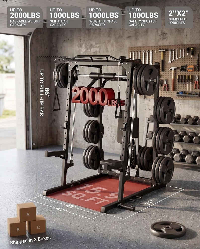 Smith Machine Home Gym System, 2000LBS Heavy Duty Power Cage Squat Rack