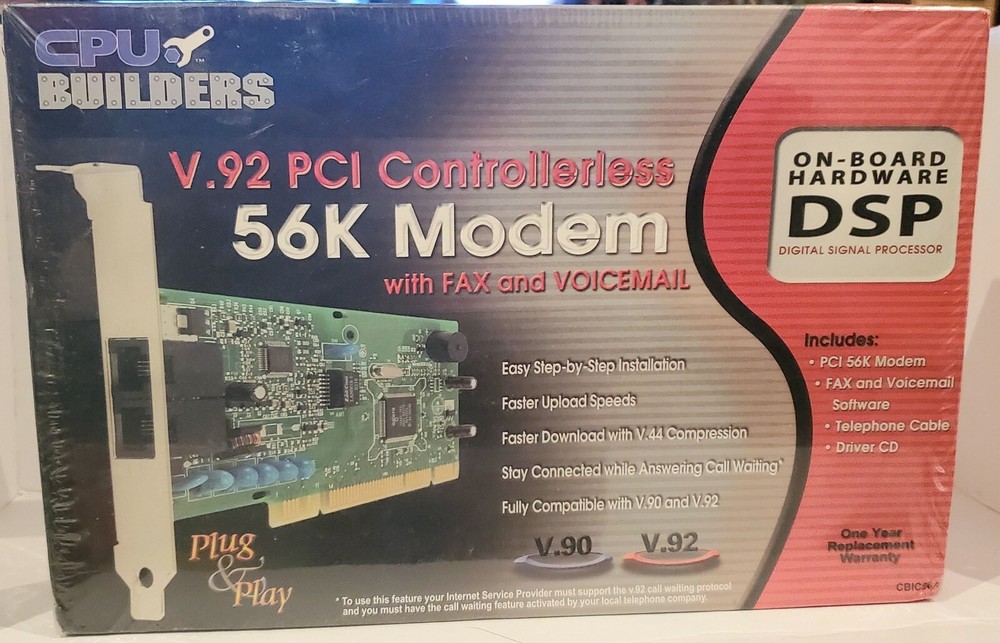 CPU Builder Retailer Box 56K Modem V92 PCI Controllerless Fax & Voicemail SEALED