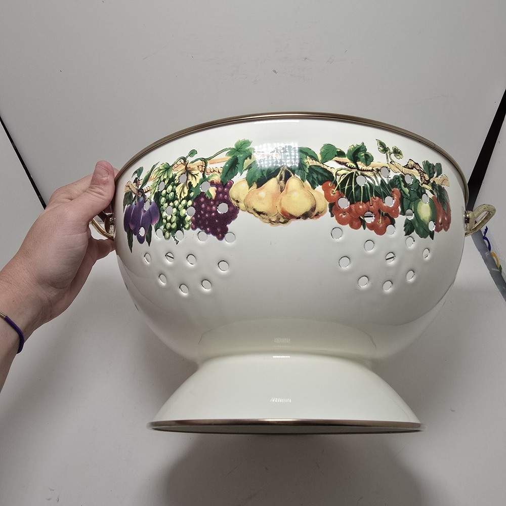 Vintage Cornucopia Enamel and Brass Colander/ Strainer Mixed Fruit Design