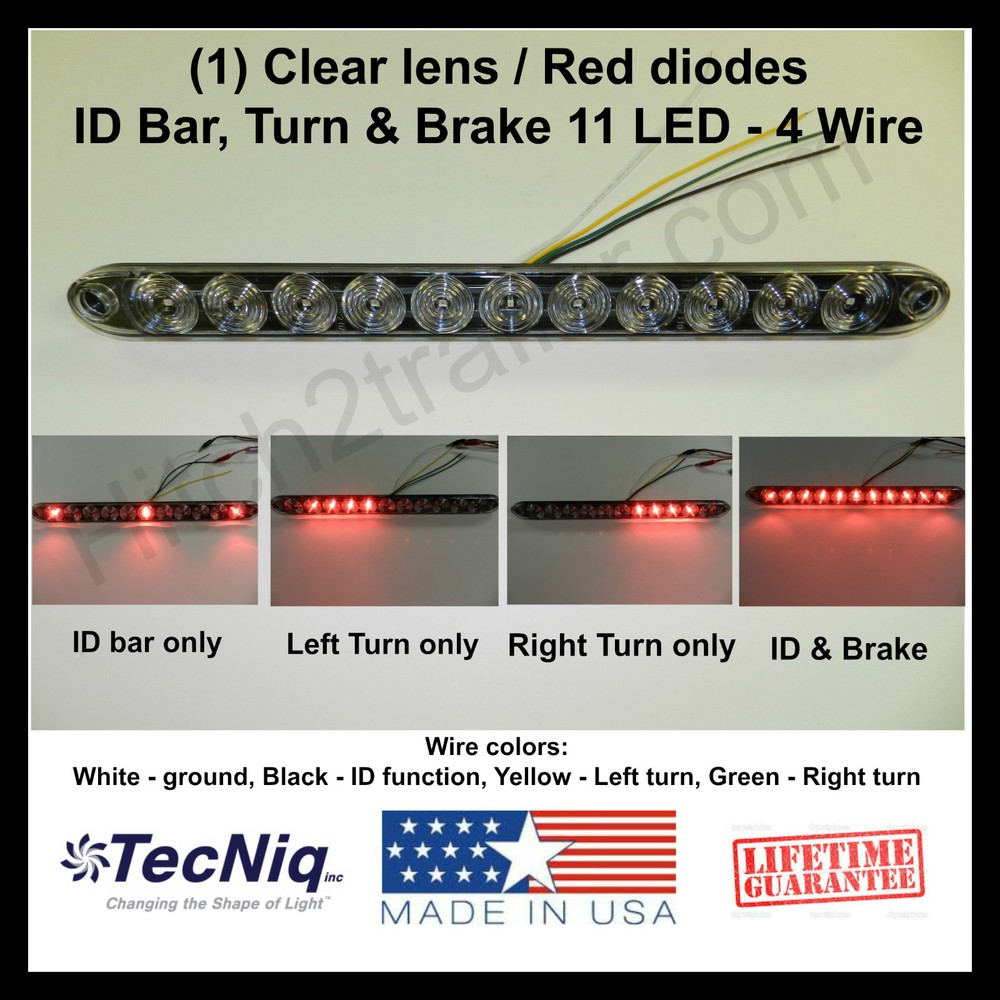 (1) TecNiq Clear Red HI-Mount Center Brake/Turn/ID Bar 11 LED Light  4 wire USA