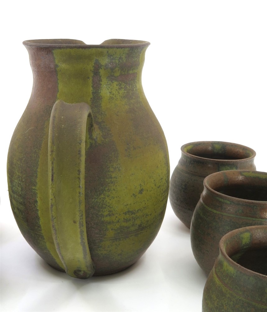 Handmade Studio Pottery Set Pitcher & Five Cups Signed "Battin" Modernist Clay