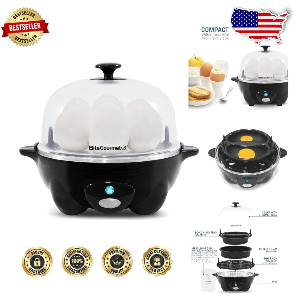 Automatic 7-Egg Cooker Black: Fast Boiled, Poached, Omelet, Easy Peel, Recipes