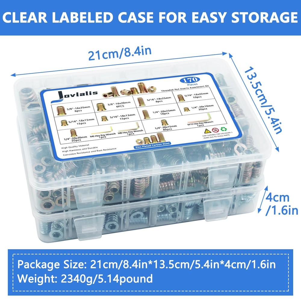 340PCS Threaded Inserts Nuts, Wood Assortment Kit, 340 PCS, Silver