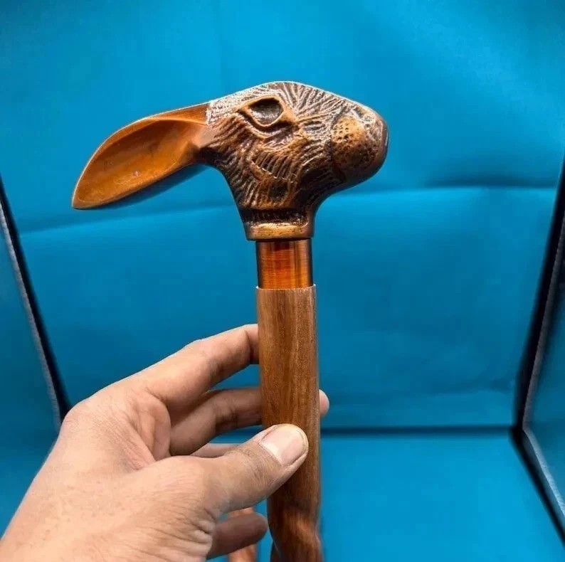 36'' Victorian Solid Rabbit Head Handle Wooden Walking Stick Cane For Him
