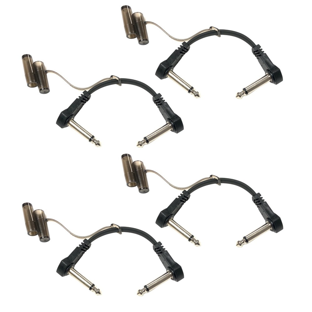 (4 Pack) 1/4'' TS Flat Patch Cable, 4 inch, Black, Right-Angle w/Protective caps