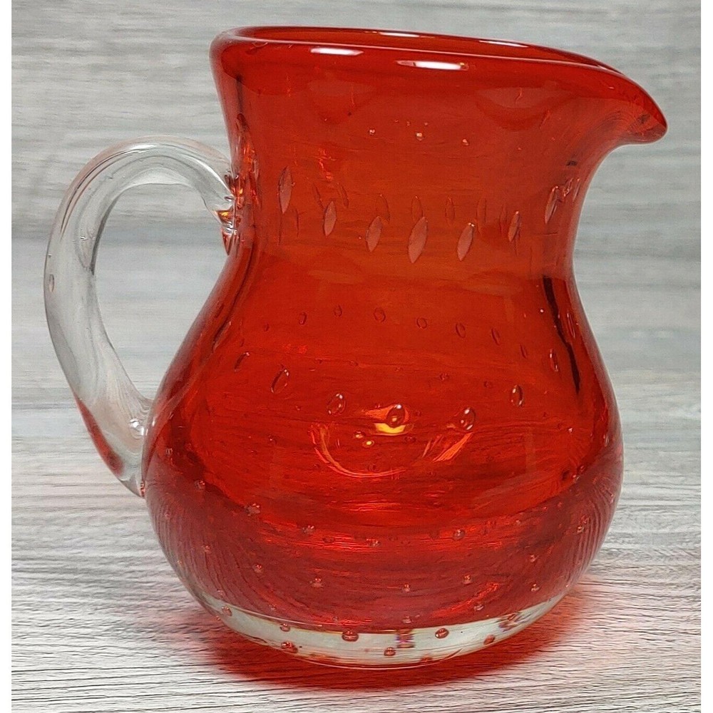 Lefton Red Glass Controlled Bubbles Creamer Hand Blown Mini Pitcher Handle VTG