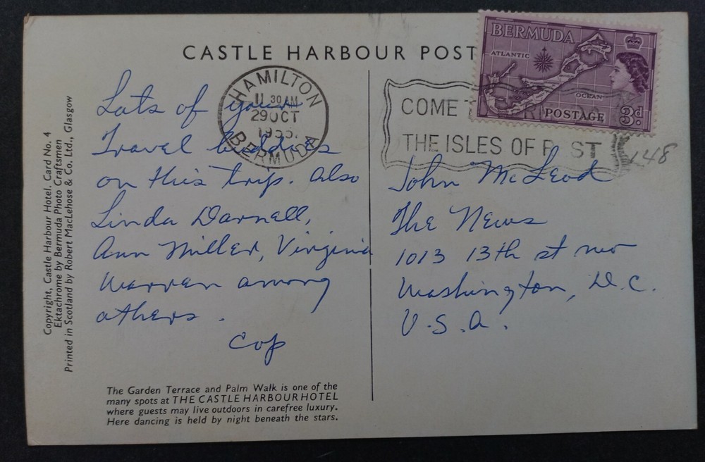 1955 Bermuda Postcard-Castle Harbour Hotel ties 3d Stamp cd Hamilton