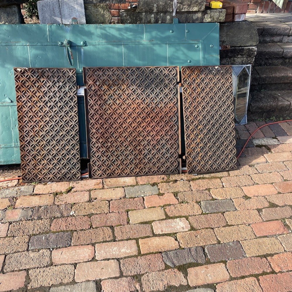 Antique three-piece cast-iron Fireback geometric for fireplace