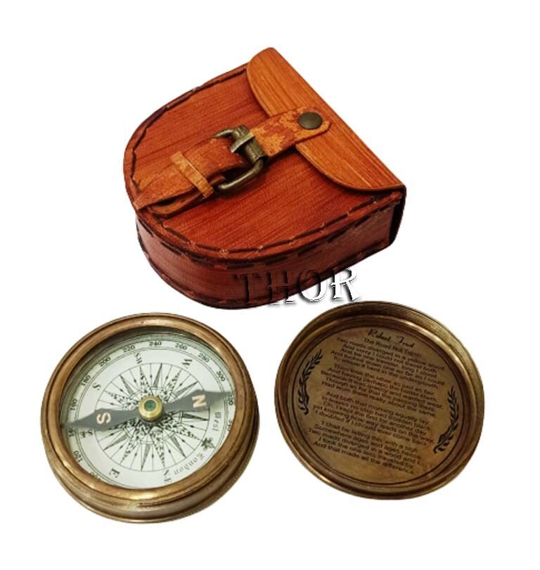 Authentic Vintage Style Brass Pocket Compass With Leather Case Rustic Vintage Ho