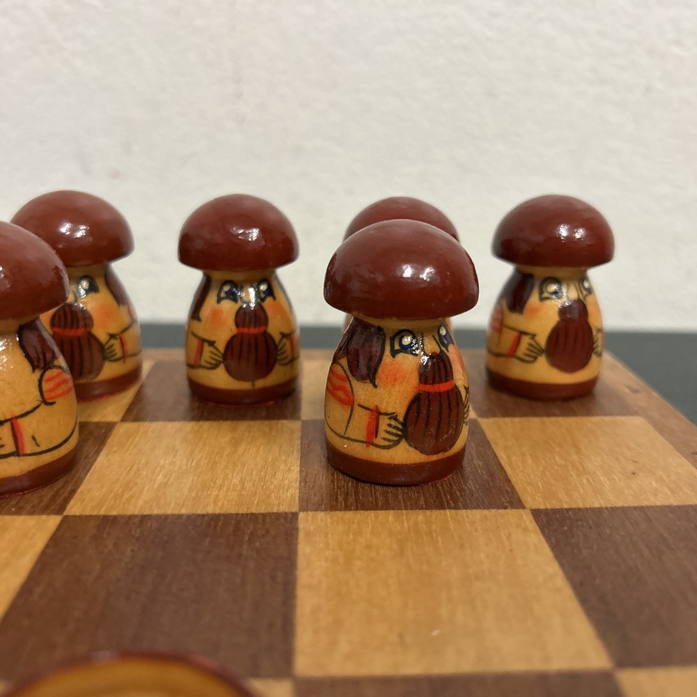 Vintage 1970s Handmade Wooden Nesting Doll Checkers Set ~ Soviet Union