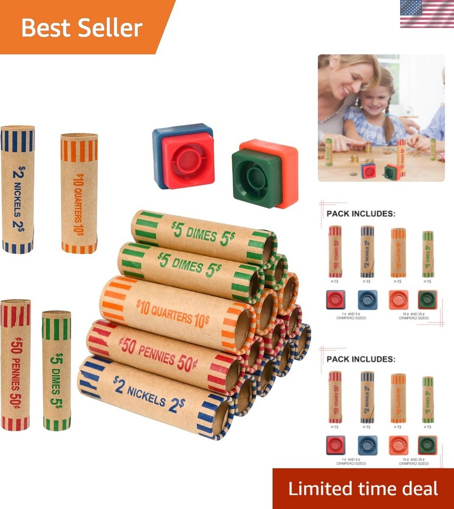 60 Assorted Coin Roll Wrappers with Color Coded Coin Wrapper Crimping Tool -Q...