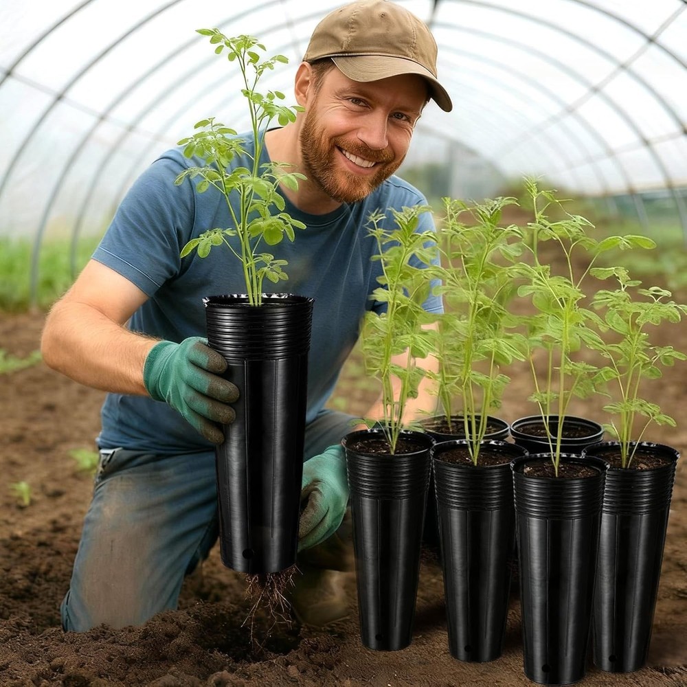 100 Pack Tall Tree Pot 11.8'' x 4.7'', Black Plastic Deep Nursery Pots, Soft Dee