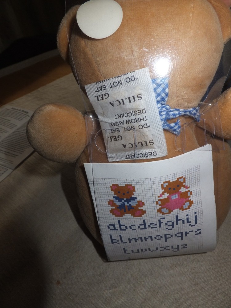 DMC Almost Done Stitch A Teddy Stuffed Musical Bear Blue Gingham w Bib Chart NEW