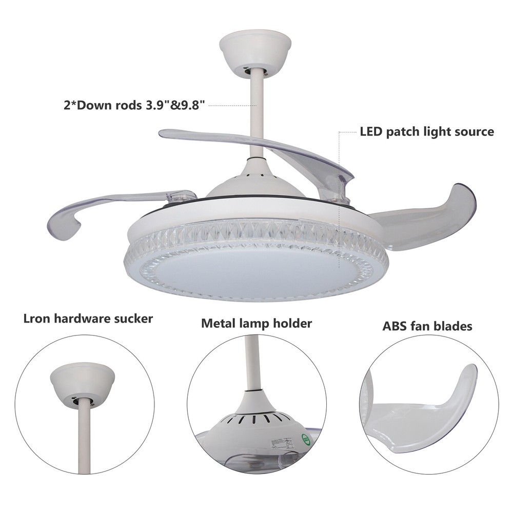 42" Modern 3Color Light Ceiling Light w/Fan Remote Control Retractable Blades