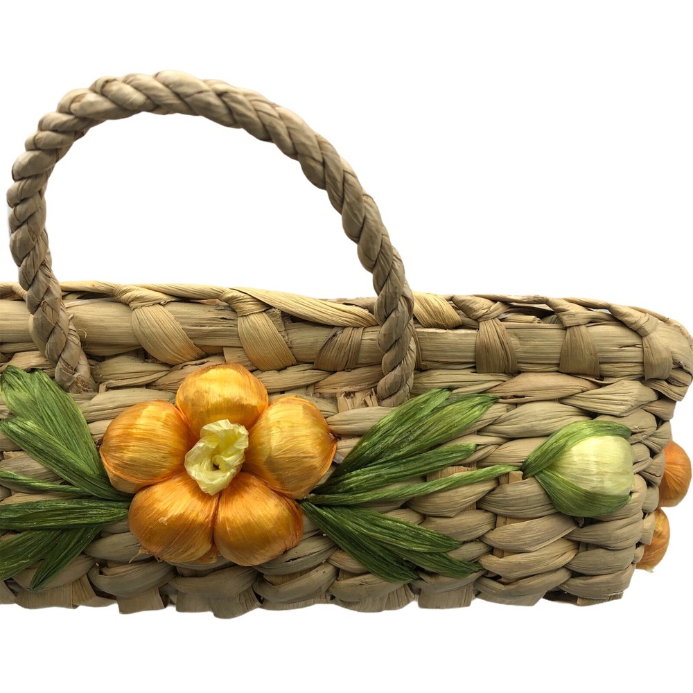 Vintage Handmade LINROSE Floral Rectangular Serving Basket Raffia Wicker