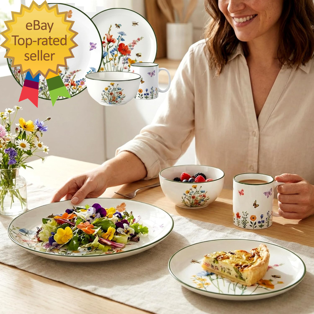16 Pcs Wildflower Ceramic Dinnerware Set for 4 Guest Floral Dish Set Spring