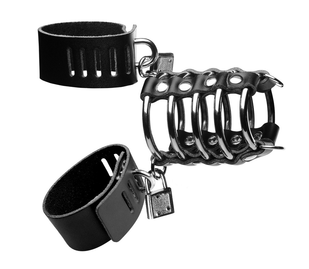 Strict 5 Ring Chastity Device w Cock & Ball Stretcher w Adj. Strap + Lock & Keys