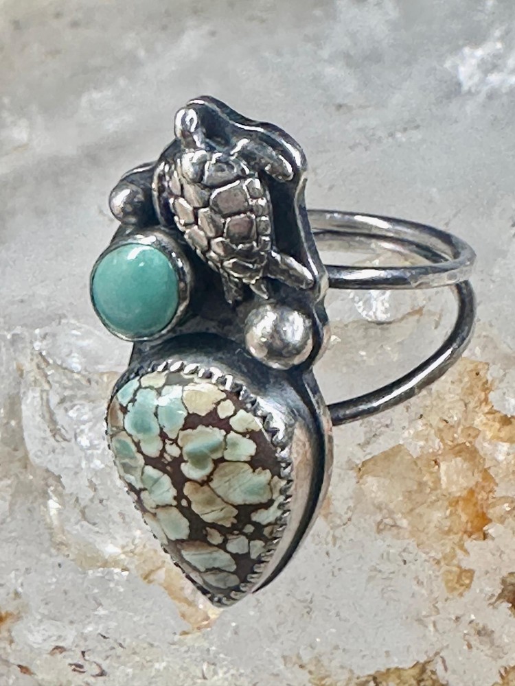 Honu Turtle ring spiderweb turquoise size 7 sterling silver women