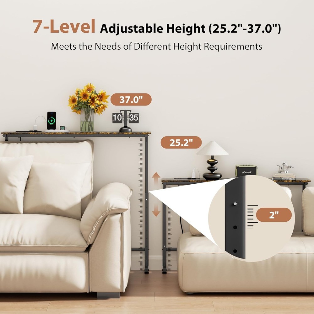 45" Adjustable Height Narrow Console Table W/ Power Outlets Long Sofa Table Home