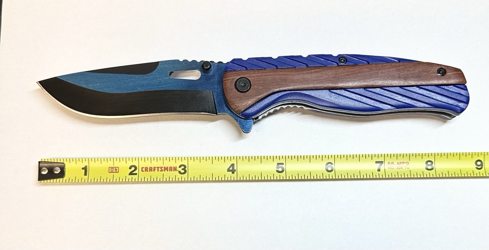 4.75” Blue Wave Folder with Blue & Wood Handle - 300432-BL
