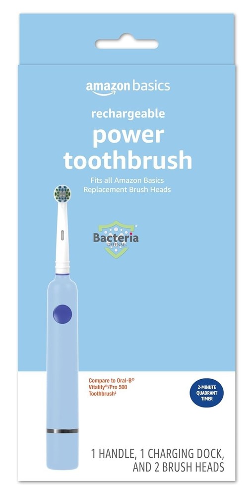 Amazon Basics Power Rechargeable Toothbrush EasyFlex Bacteria Defense Timer