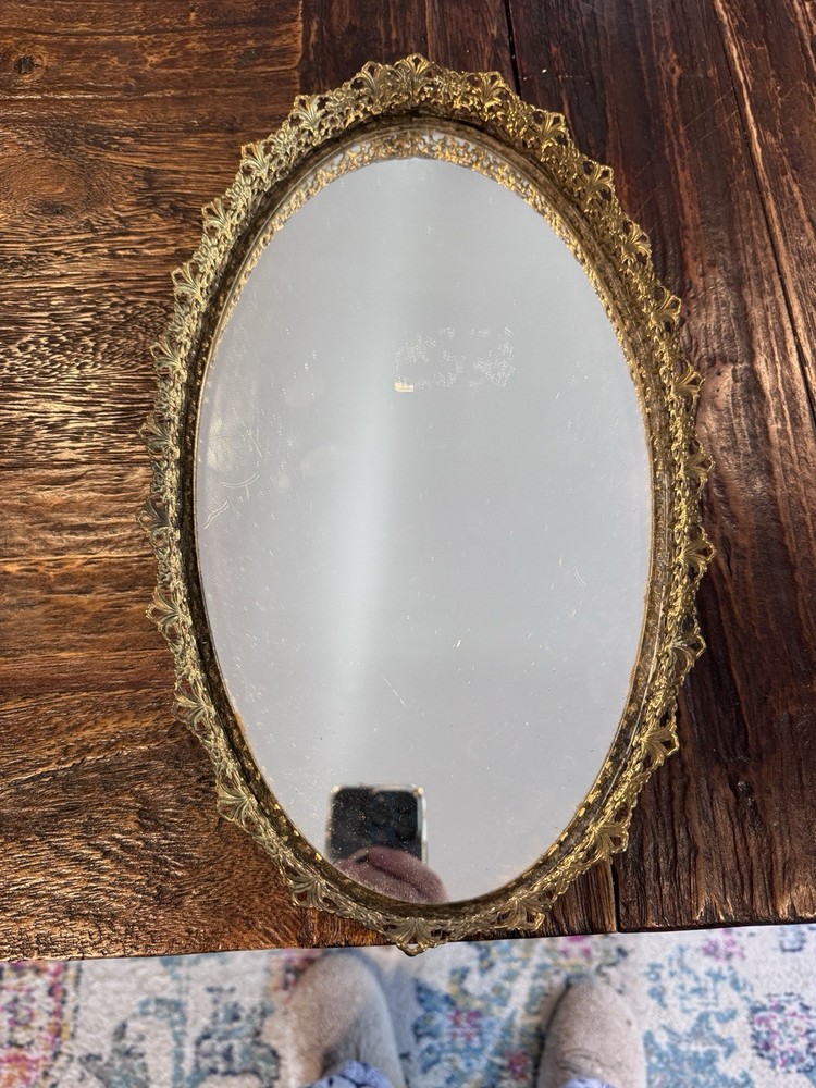 Vintage Table Mirror Tray With Gold Frame.