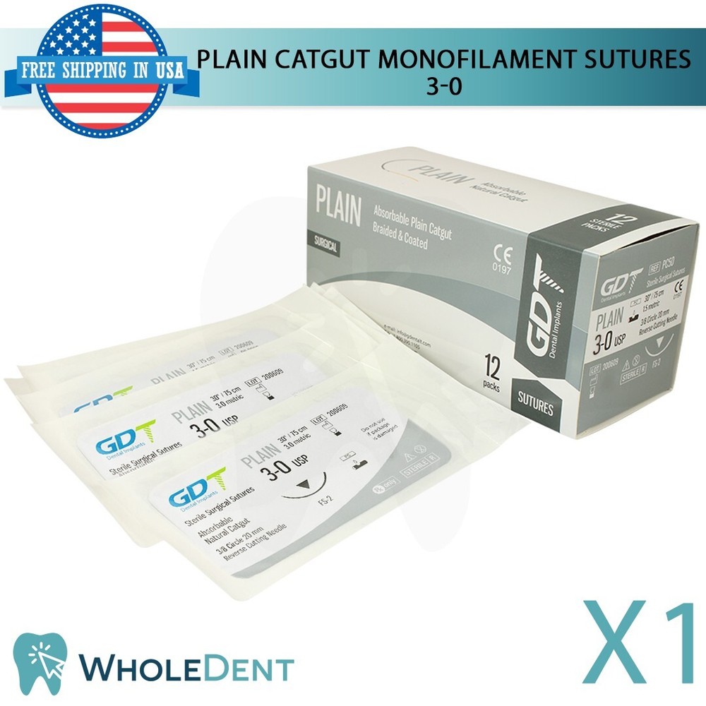 Monofilament Plain Catgut Suture Sewing Thread 3/8 Circle Reverse Sterile 3-0