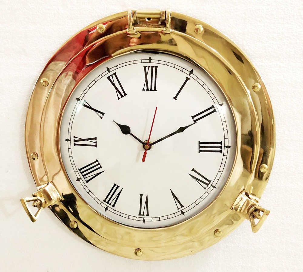 20" Antique Marine Solid Brass Ship Porthole Analog Clock Nautical Wall Hanging