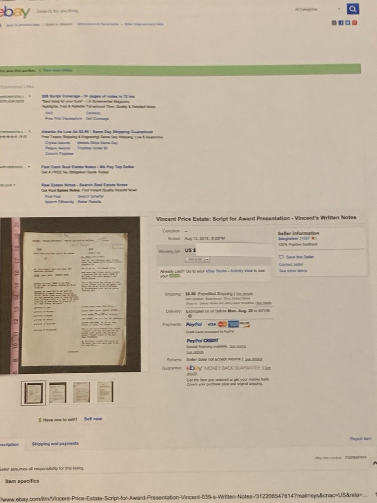 Vincent Price Estate Script For Academy Award Presentation 22i