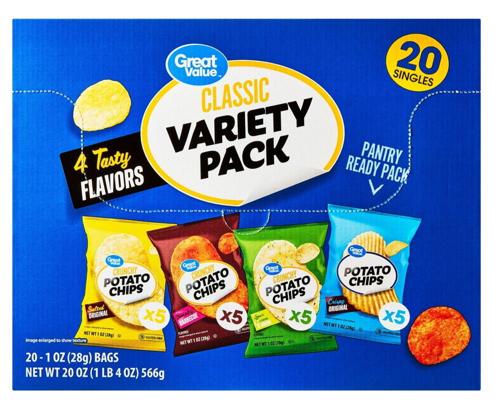 New Great Value Classic Chips Variety Pack, 1 oz, 20 Count.