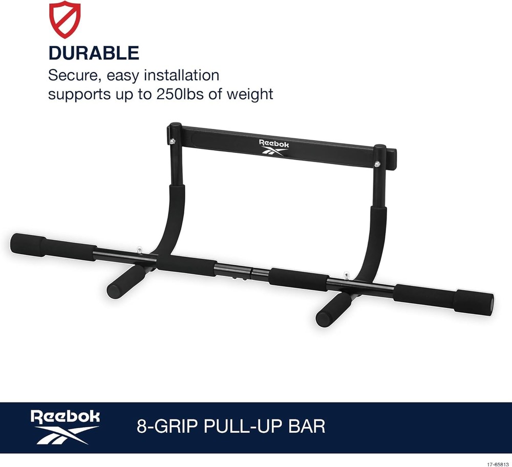 Reebok 8-Grip Pull-Up Bar, Multi-Function Upper Body Workout Rod, Door Frame Fit