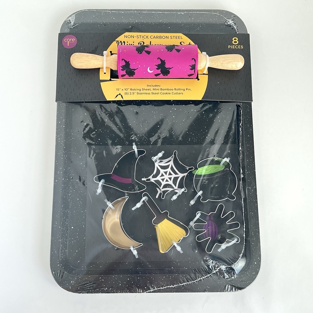 New Halloween Mini Bakeware Set Pan Rolling Pin Cookie Cutters Witch Hat Spider