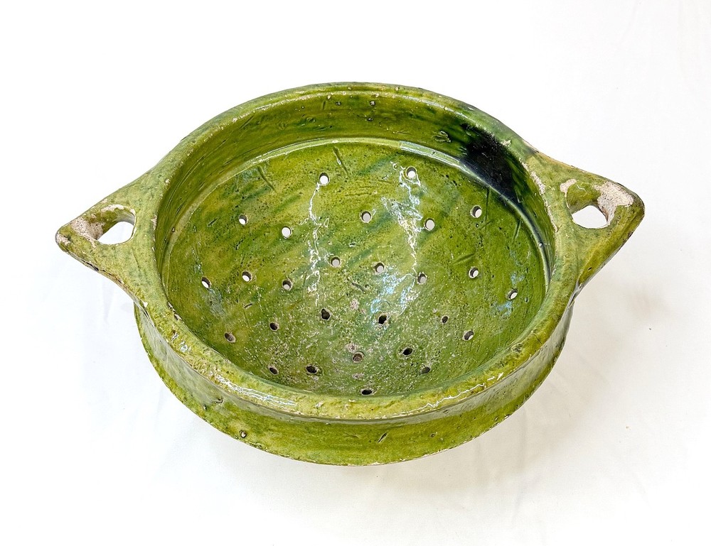 Antique Ceramic Colander Green Glazed Earthenware Fruit Strainer Berry Bowl