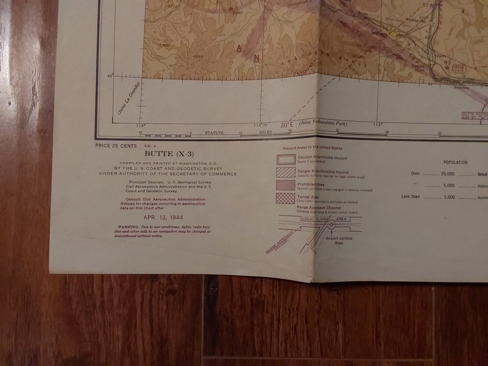 WWII BUTTE MT RESTRICTED 1944 Regional Aeronautical Pilot Chart Map AAF
