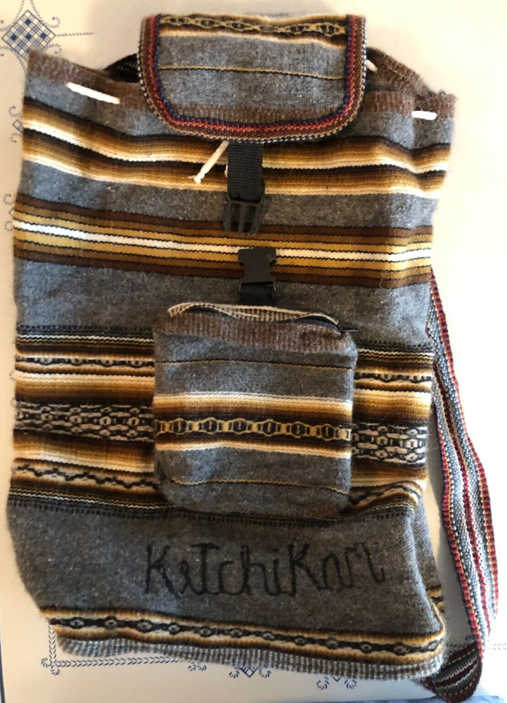 Native Woven Drawstring Backpack Large Bag Knapsack w. Zip Pocket + Clip Closure