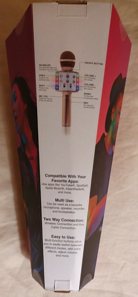 Karaoke Microphone with speaker. USB charging, Bluetooth. With flashing lights.